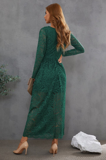Vestido de baile de renda verde com mangas compridas